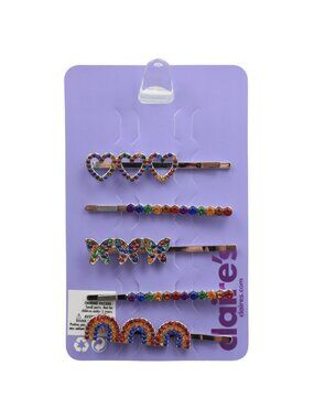 Claires 5 piece Hair Barrettes Set Heart Butterfly Rainbow Jewel Y2K Aesthetic